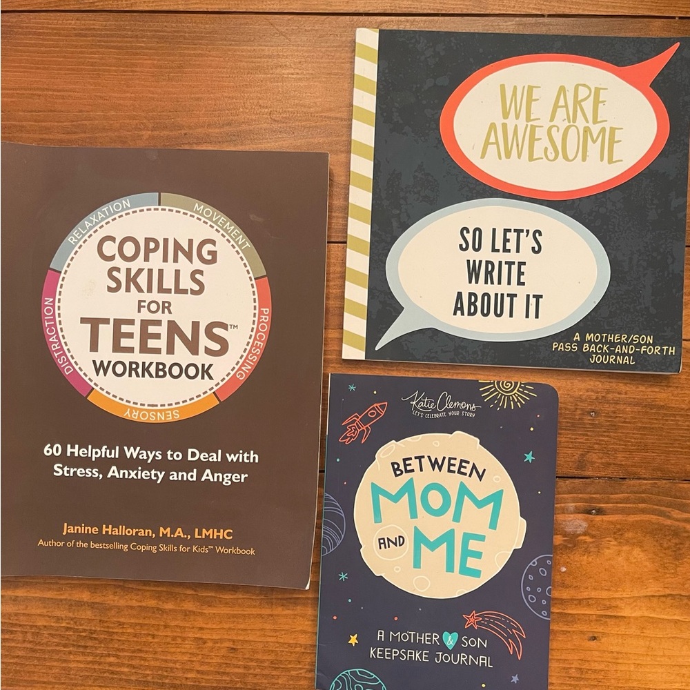 3 Book Lot. Coping Skills for Teens Workbook and 2 Mother Son Journals